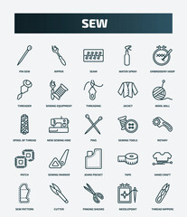 set of 25 special lineal sew icons. outline icons such as pin sew, ripper, embroidery hoop, threading, spool of thread, sewing tools, sewing marker, hand craft, pinking shears, needlepoint line