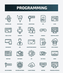 set of 25 special lineal programming icons. outline icons such as broken link, seo funnel, ux de, testing, responsive, seo report, software, www, cloud storage, hosting line icons.