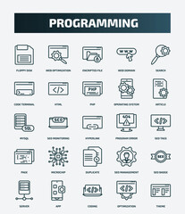 set of 25 special lineal programming icons. outline icons such as floppy disk, web optimization, search, php, mysql, program error, microchip, seo badge, coding, optimization line icons.