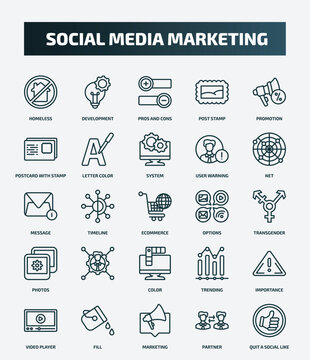 set of 25 special lineal social media marketing icons. outline icons such as homeless, development, promotion, system, message, options, , importance, marketing, partner line icons.