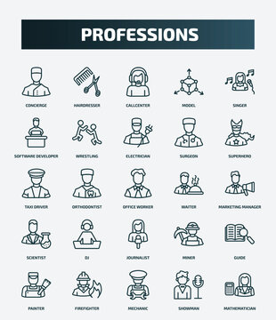 set of 25 special lineal professions icons. outline icons such as concierge, hairdresser, singer, electrician, taxi driver, waiter, dj, guide, mechanic, showman line icons.