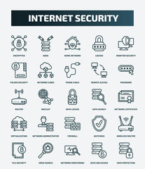 set of 25 special lineal internet security icons. outline icons such as encrypted, ddos, monitor security, phone cable, router, data search, network adminstrator, wireless router, network