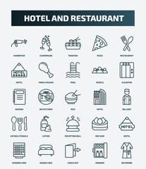 set of 25 special lineal hotel and restaurant icons. outline icons such as hairdryer, champagne, restaurant, pool, agenda, hotel, lotion, hotel, check out, minibar line icons.