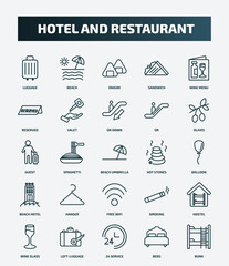 set of 25 special lineal hotel and restaurant icons. outline icons such as luggage, beach, wine menu, or down, guest, hot stones, hanger, hostel, 24 service, beds line icons.