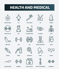 set of 25 special lineal health and medical icons. outline icons such as medical shield, fat, condom, stationary bike, inhalator, medical substance, serum, uterus, result, electric toothbrush line