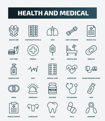 set of 25 special lineal health and medical icons. outline icons such as health care, contraceptive pills, medical file, salt, desinfectant, cardiology, emergency, gum, teeth, pills line icons.