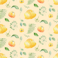 Watercolor seamless pattern floral background flowers, plants, leaves. Australian plants. for fabric, textile, baby design, packaging
