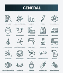 set of 25 special lineal general icons. outline icons such as hr policies, information technology, data aggregation, credit report, creative pencil rocket, chemical lab, bioengineering, build time,