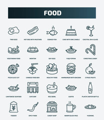 set of 25 special lineal food icons. outline icons such as two eggs, hot dog with mustard, cocktail on a glass, soy eggs, pizza slice cut, hamburger with bacoon, cafe bar, plastic water bottle,