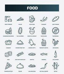set of 25 special lineal food icons. outline icons such as drive through, italian, loaf of bread, drink in a coconut, canadian, romantic muffin, sushi and chopsticks, chili pepper, zha jiang mian,