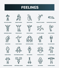 set of 25 special lineal feelings icons. outline icons such as helpless human, broken human, comfortable human, fresh sick bad heartbroken curious bored sad line icons.