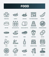 set of 25 special lineal food icons. outline icons such as fishing tool, luosifen, bananas, eggs sillhouettes, popiah, onion rings, vegan, double burger, shuizhu, fair line icons.