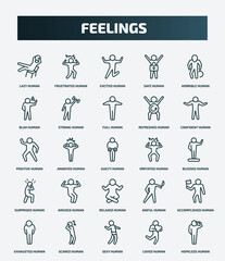 set of 25 special lineal feelings icons. outline icons such as lazy human, frustrated human, horrible human, full positive irritated amused accomplished sexy loved line icons.