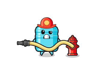 gallon water bottle cartoon as firefighter mascot with water hose