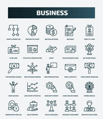 set of 25 special lineal business icons. outline icons such as points connected chart, portion pie chart, identity card, ingot, yen business search, email contacts, line chart statistics, ferris