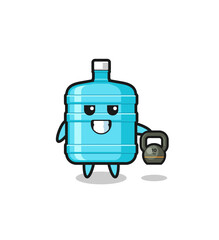 gallon water bottle mascot lifting kettlebell in the gym