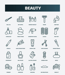 set of 25 special lineal beauty icons. outline icons such as nail file, wet wipes, soap bar, hairdryer facing left, pencils, hair scissors, nail polish, wipes, mascara, big moustache line icons.