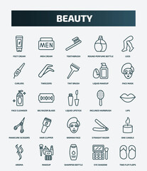 Fototapeta premium set of 25 special lineal beauty icons. outline icons such as feet cream, men cream, legs, tint brush, face cleanser, inclined hairbrush, hair clipper, one candle, shampoo bottle, eye shadow line