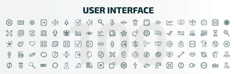 set of 100 special lineal user interface icons set. outline icons such as wrong, rocket launch, desactivate, new file, voice recorder, unblocked, empty, humans, side menu, exclamation button line