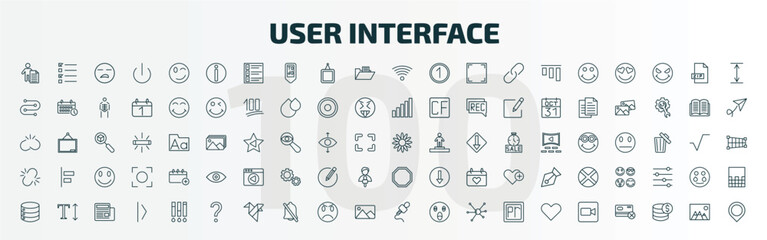 set of 100 special lineal user interface icons set. outline icons such as man certificate, information, , image of a flower, unlink, eighties, disk storage, question mark, mic interface, facetime