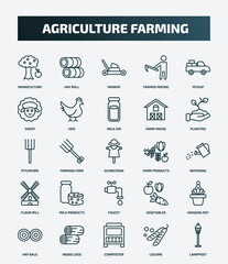 set of 25 special lineal agriculture farming icons. outline icons such as monoculture, hay roll, pickup, milk jar, pitchfork, farm products, milk products, hanging pot, composter, legume line icons.