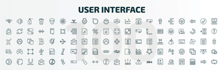 set of 100 special lineal user interface icons set. outline icons such as elections, tings, question button, move arrows, postal, user exchange, right button, up and down arrow, new message,