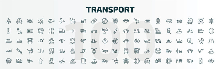 set of 100 special lineal transport icons set. outline icons such as space rocket launch, car painting, cart with boxes, school bus stop, formula 1, bicycle rental, van front view, bicycle, baby © Farahim