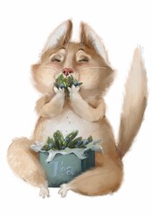 cute cat sniffing blueberry tea