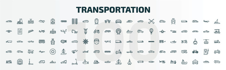 set of 100 special lineal transportation icons set. outline icons such as sports car, modern bus, car frontal view, lorry, hatchback, scooter, caboose, tow truck, yawl, paddlewheeler line icons. - obrazy, fototapety, plakaty