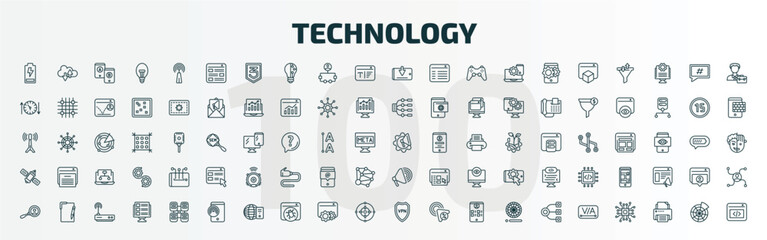 set of 100 special lineal technology icons set. outline icons such as battery levels, mood board, receive, marketing automation, satellite connection, call to action, user research, native apps,