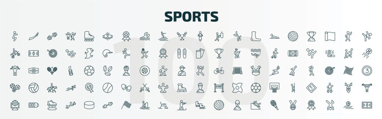 set of 100 special lineal sports icons set. outline icons such as squat, two boxing gloves, motorbike riding, dancing motion, balls, golf champion, football channel, gym weight, ice skates, weight