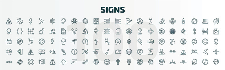 set of 100 special lineal signs icons set. outline icons such as fire hazard, ceres, align left, information, positive, camera, infinity, up, gross dark cross, tent line icons.