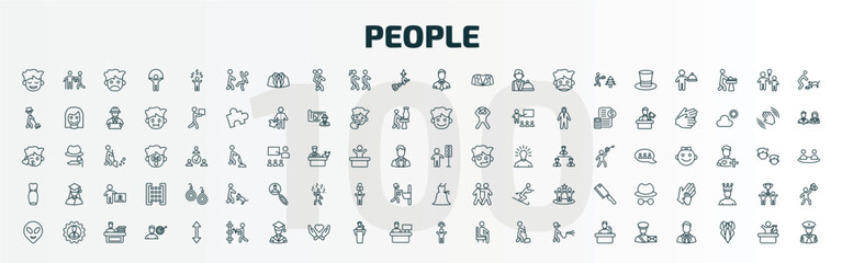 set of 100 special lineal people icons set. outline icons such as relieved smile, helping other to jump, ceo man, traffic hand, women dress, bridesmaids, alien smile, plumber working, man with an