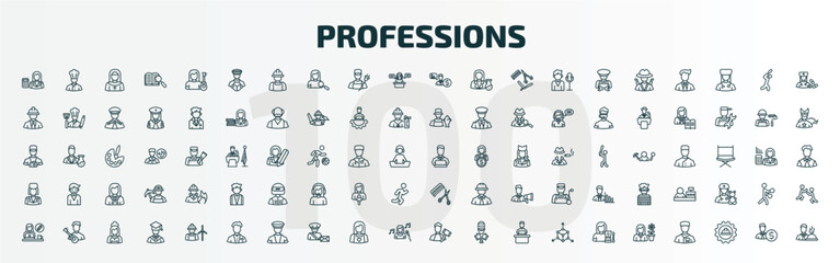 set of 100 special lineal professions icons set. outline icons such as mathematician, driver, financial advisor, programmer, stewardess, hairdresser, graphic de, clerk, judge, florist line icons.