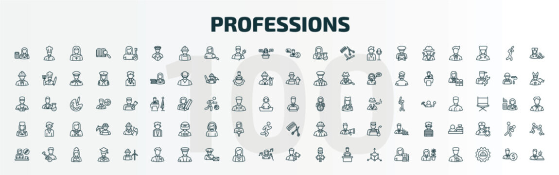 set of 100 special lineal professions icons set. outline icons such as mathematician, driver, financial advisor, programmer, stewardess, hairdresser, graphic de, clerk, judge, florist line icons.