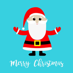 Merry Christmas. Santa Claus holding hands up. Red hat, costume, beard, belt. Cute cartoon kawaii funny character. New Year. Baby collection. Greeting card. Blue background. Isolated.