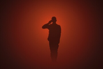 Fototapeta na wymiar Brave soldier salutes. Armed forces. Silhouette of man in dark red fog