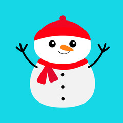 Snowman icon with red hat and scarf. Merry Christmas. Cute Cartoon kawaii simple funny baby character. Greeting card. Blue background. Isolated. Flat design.