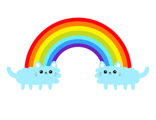 Cat cloud shape rainbow. Blue kitten set. Cute cartoon funny character. Valentines Day. Kawaii animal. Love Greeting card. LGBT flag sign symbol. Flat design. White background.