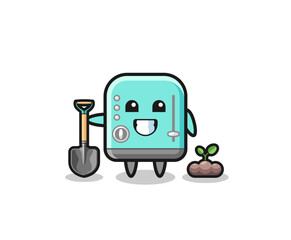 cute toaster cartoon is planting a tree seed