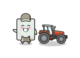 Naklejka premium the paper farmer mascot standing beside a tractor