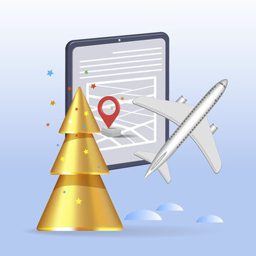 Icon. Airplane with location indication, online travel and tourism planning concept, 3d illustration.