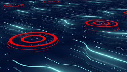 3d illustration of abstract digital red circles on dark background.