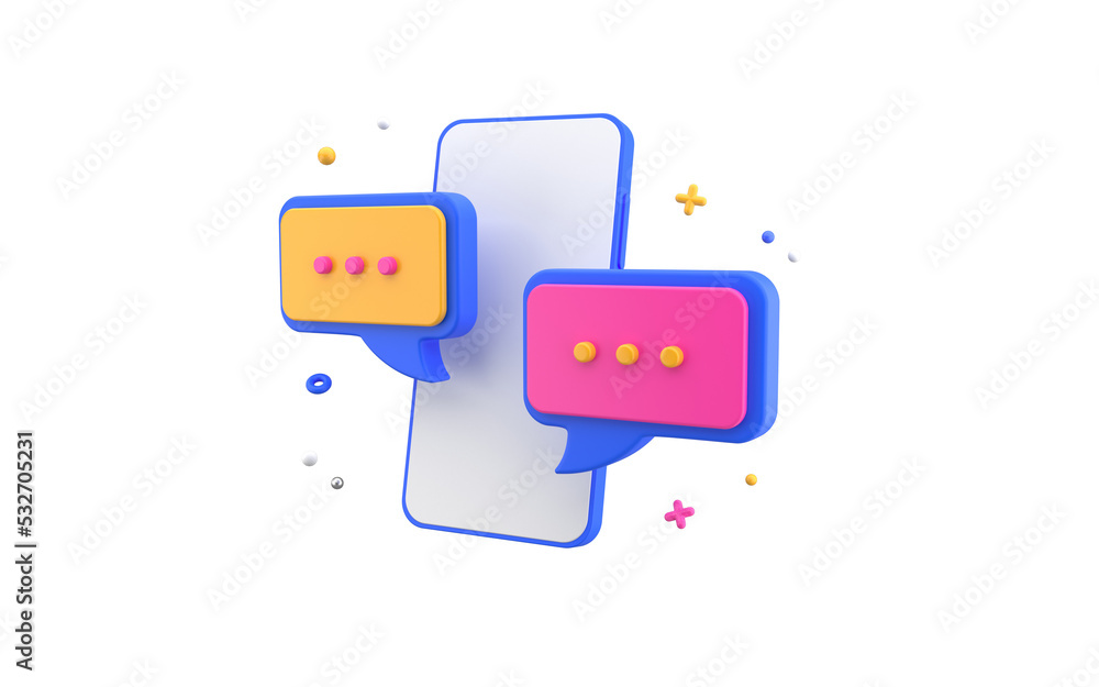 Poster chat bubble icons with smartphone. social media oline communication concept. modern design, 3d rende