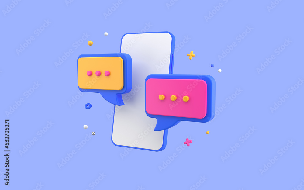 Poster online dialog with phone. chat bubble icons communication concept 3d rendering on blue background