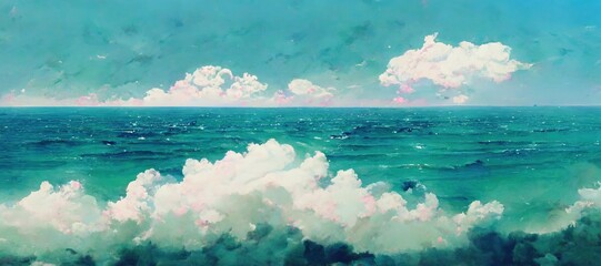 Obraz premium Hot summer day beautiful ocean seascape with calm waves, gorgeous cumulus watercolor clouds and distant horizon. soothing relaxing turquoise and sea foam green colors with a touch of pink. 