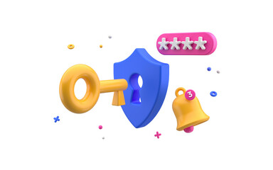 Safety account autorization protected by password. Shield with key, ring bell notification. 3d rendering isolated on white background