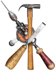 Realistic DIY old carpenter hand tools crossed for get the job done service concept, isolated