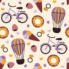 doodle background with balloons, bikes and sweets