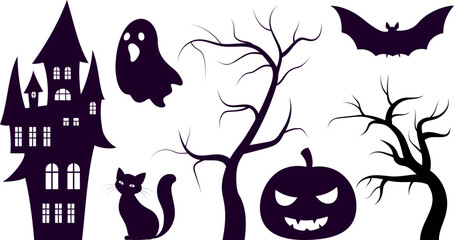 set of black silhouettes of halloween clip art